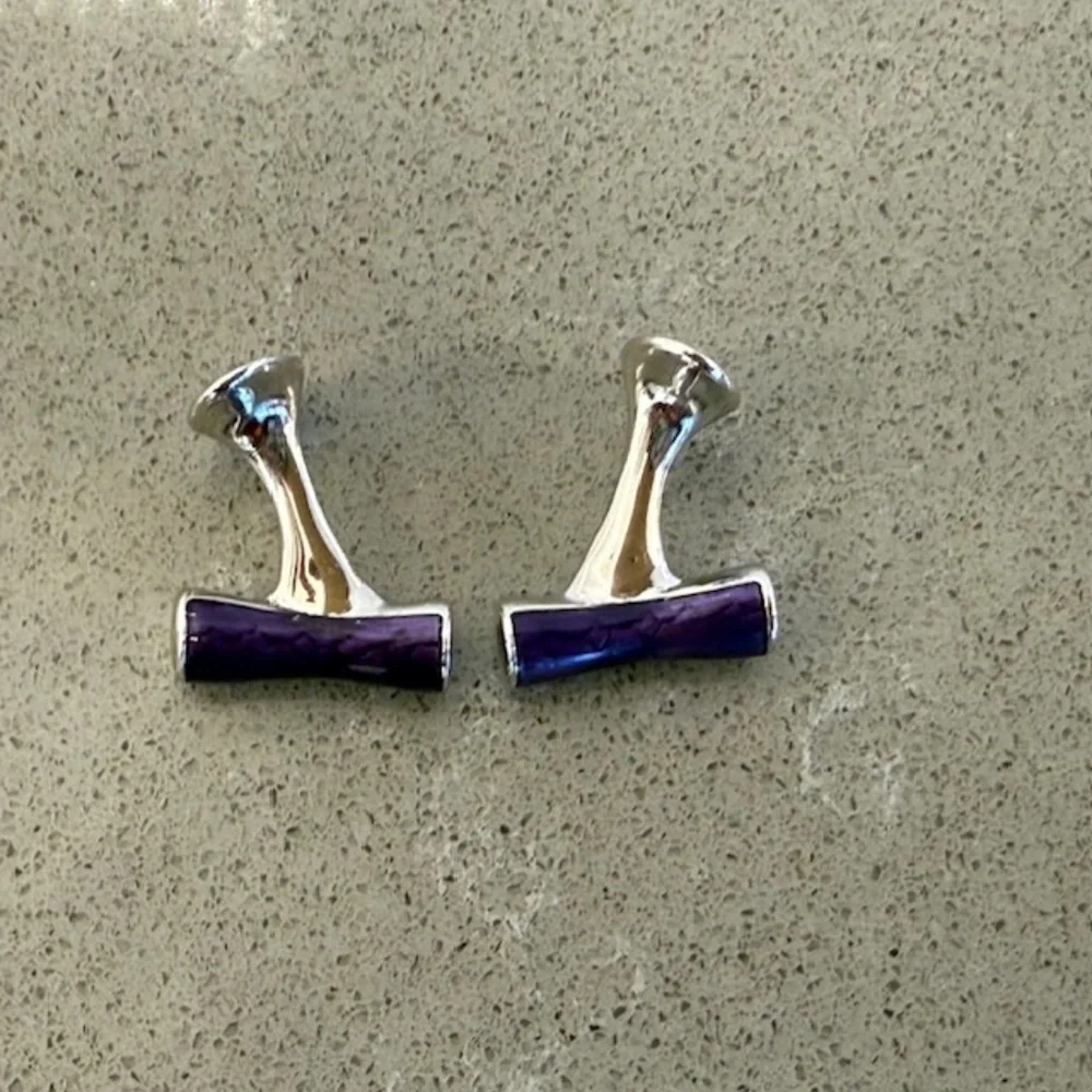 Men's Purple Enamel Bar Silver-Tone Metal Pair Cufflinks -EUC